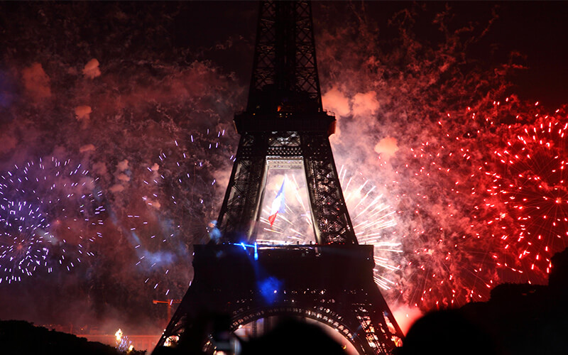 Fireworks behind the Eiffel Tower, Paris