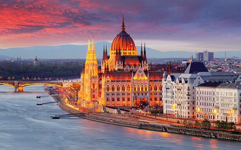 Sunset over Hungarian Parliament Building, Budapest
